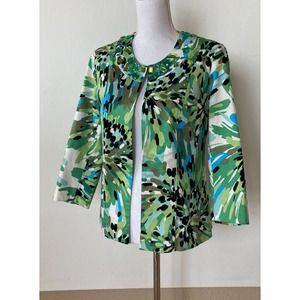 Trenz by Theresa Renz Sz S Jacket Greens and Blues Jeweled Neck Bling 3/4 Sleeve